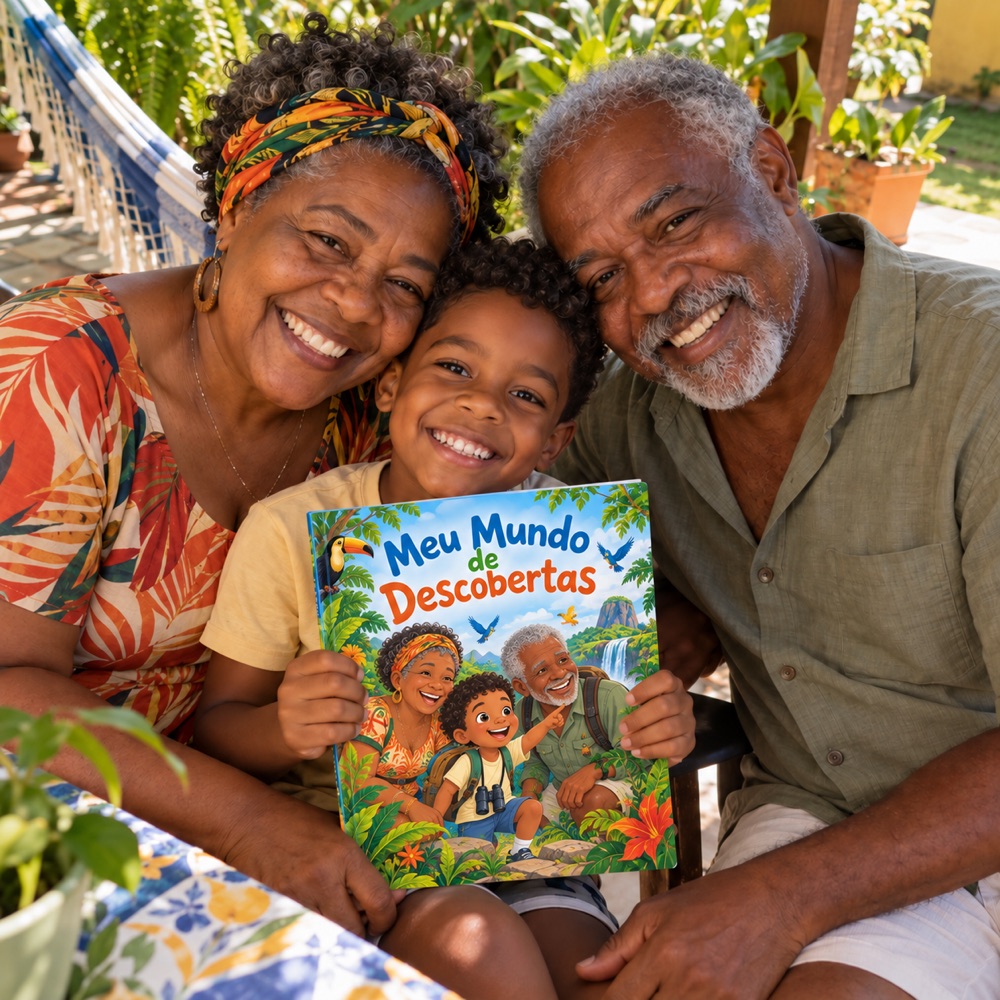 Família com livro personalizado